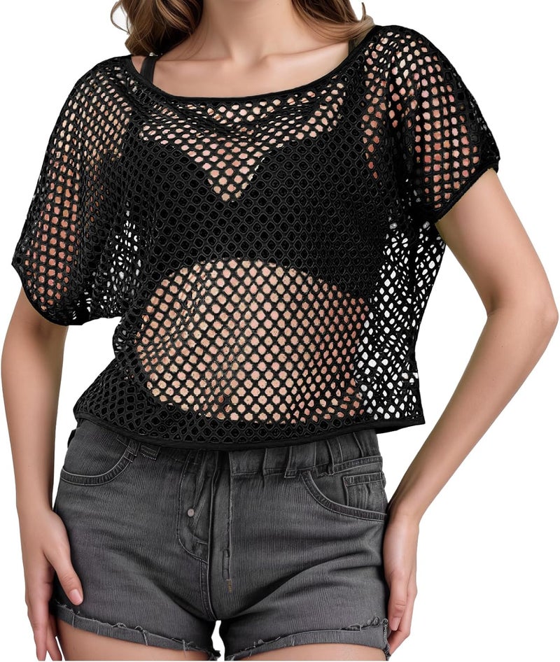 PKRFCJ 80s Neon Shirts for Women, Fishnet Top, Casual Neon Clothes, Off-Shoulder T-Shirt, Suitable for Masquerade Disco Party - Image 1